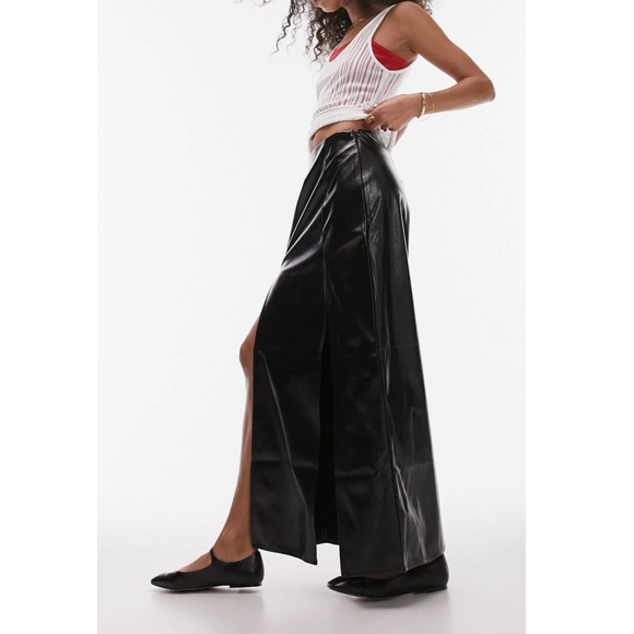 NEW TOPSHOP Black VINYL Double Slit FAUX LEATHER Rocker Chic MAXI SKIRT US 8 - Picture 13 of 16